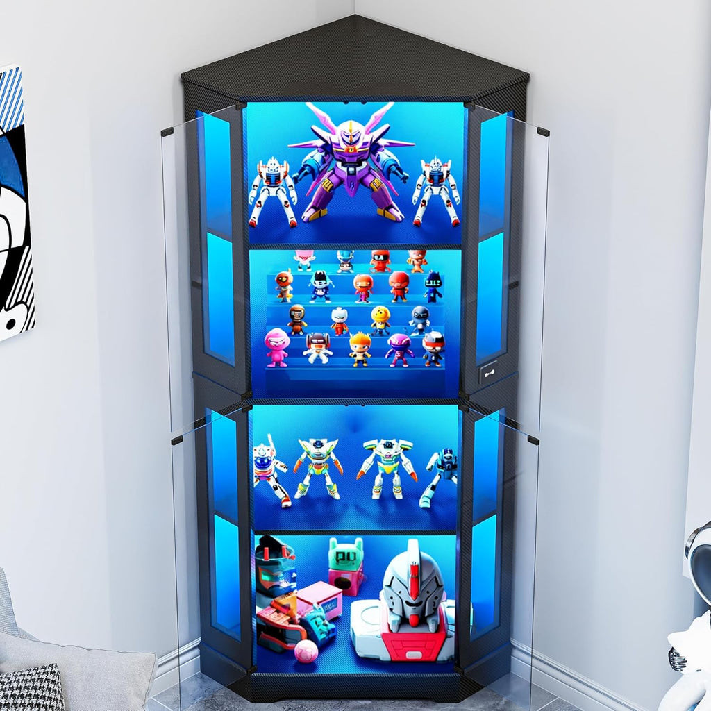 IRONCK 71 Inch Carbon Fiber Corner Glass Display Cabinet with Human Body Sensor & 6-Color LED Lights, 4-Tier Tempered Glass Display Case with 2 Adjustable Shelves for Collectibles, Toys, Black