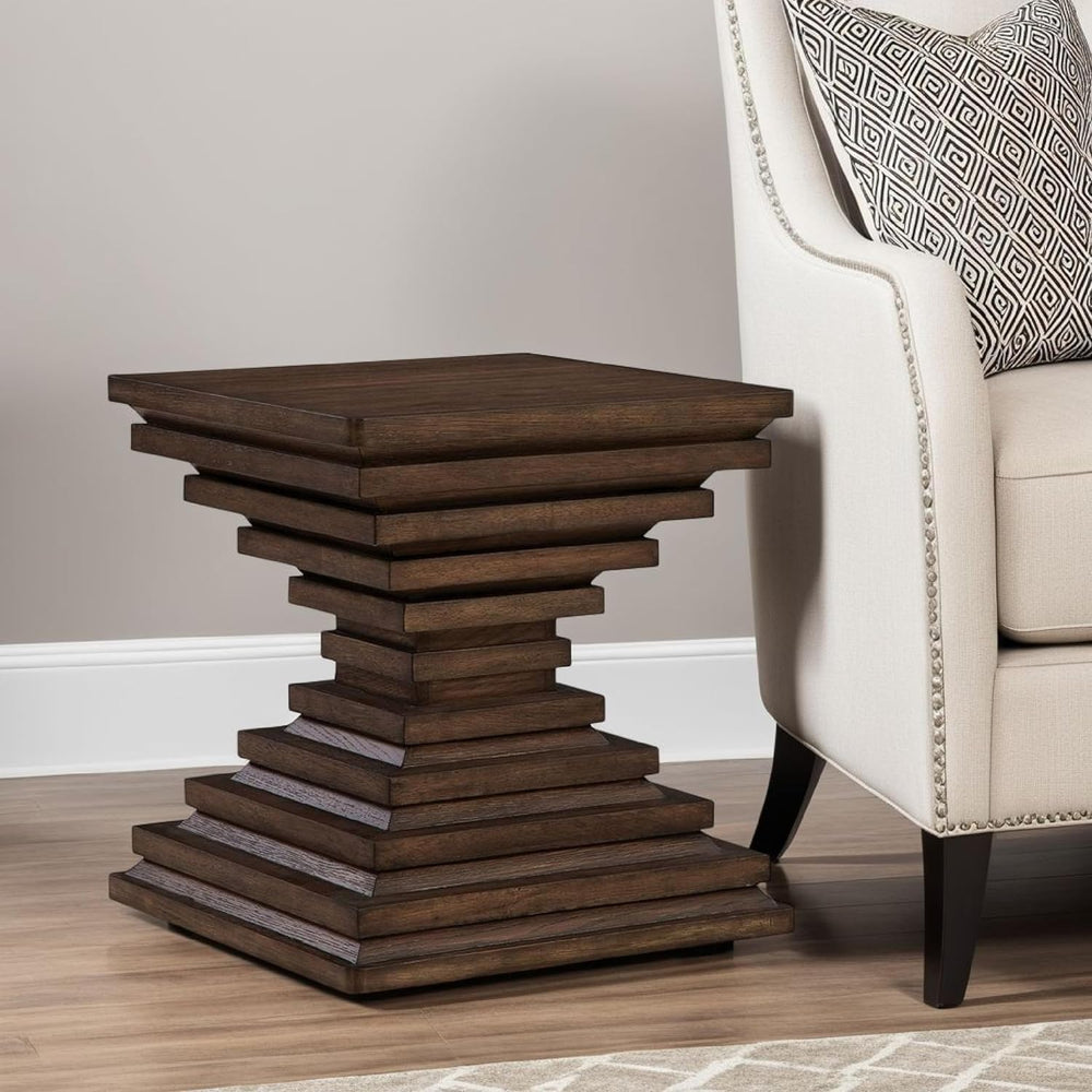 Benjara Reem Side End Table, Square Geometric Hourglass, 28 Inch Dark Brown