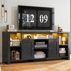 LIKIMIO 70" TV Stand for TVs up to 80", LED Entertainment Center, Black | Built-in Power Outlet, LED Lights, Wood Finish, 2 Storage Cabinets, Adjustable Shelves, TV Console for Living Room