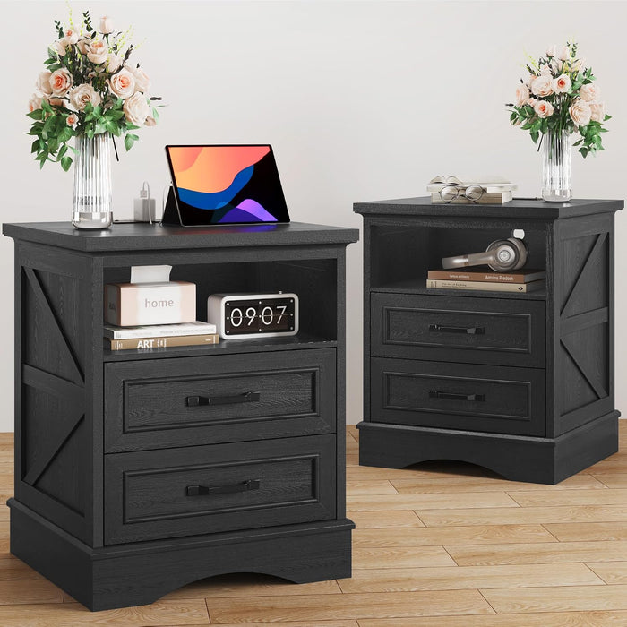 Fluest 24" Tall Farmhouse Nightstands Set of 2, Night Stands with Fast Charging Station, Beside Tables with Drawers and Open Storage, Rustic End Tables for Bedroom, Antique Black
