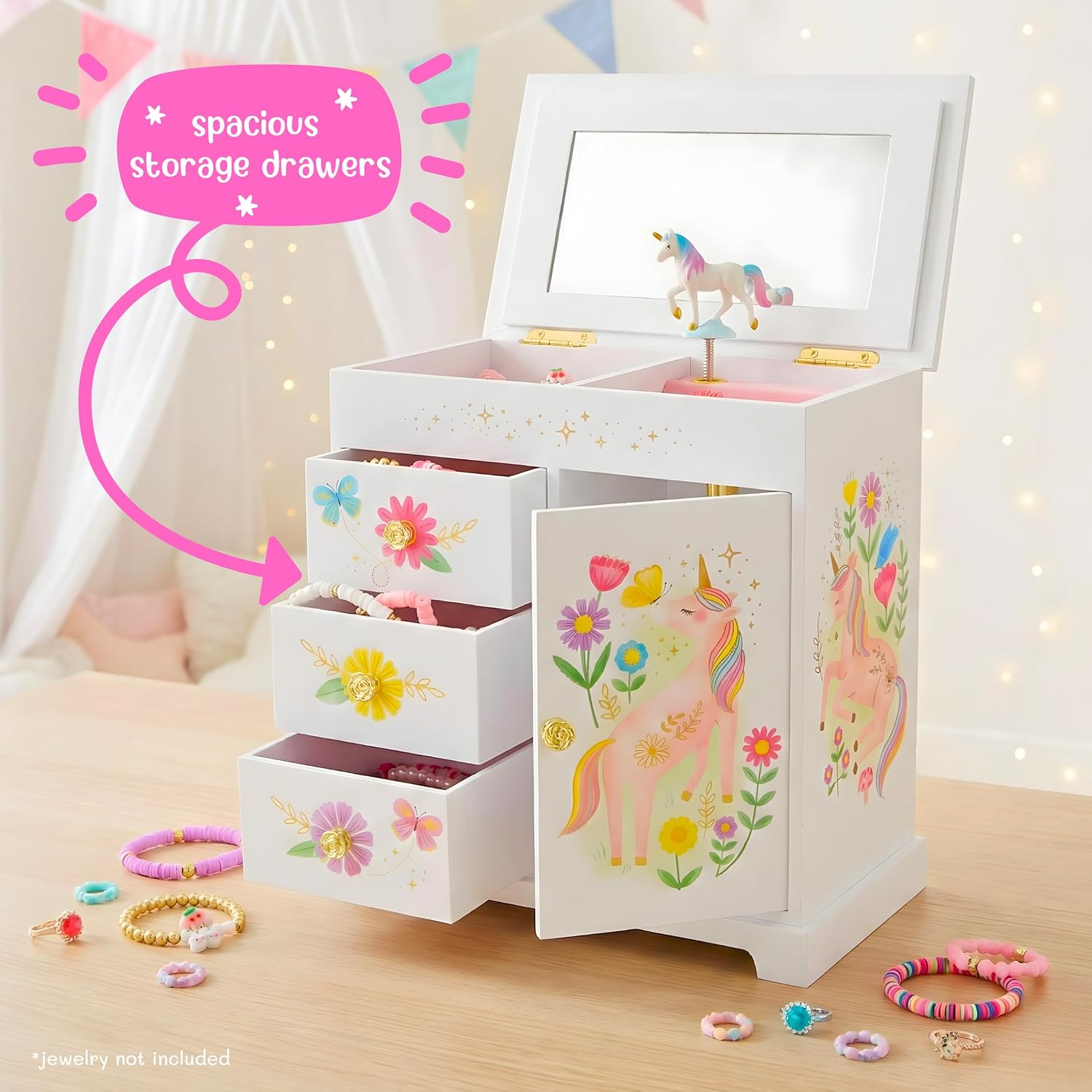 Giggle & Honey® Unicorn Musical Jewelry Box for Girls Unicorn Toys for Girls Age 4-6 Kids Jewelry Box with Drawers