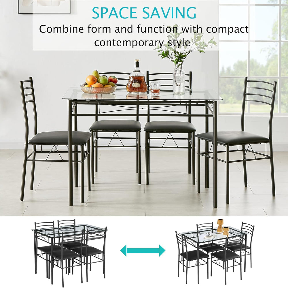 VECELO Dining Table Set for 4, 5-Piece Glass Kitchen Table with Upholstered P...