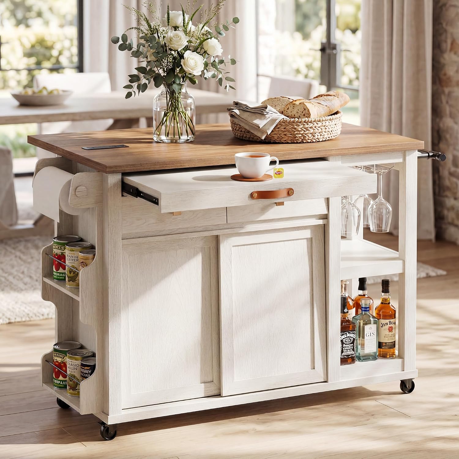 Kitchen Island with Storage Drawers & Charging Station & Drop Leaf | Rolling Kitchen Island Table on Wheels, Mobile Island Cart with Pull-Out Shelf, Spice Rack, for Dining Room (White)