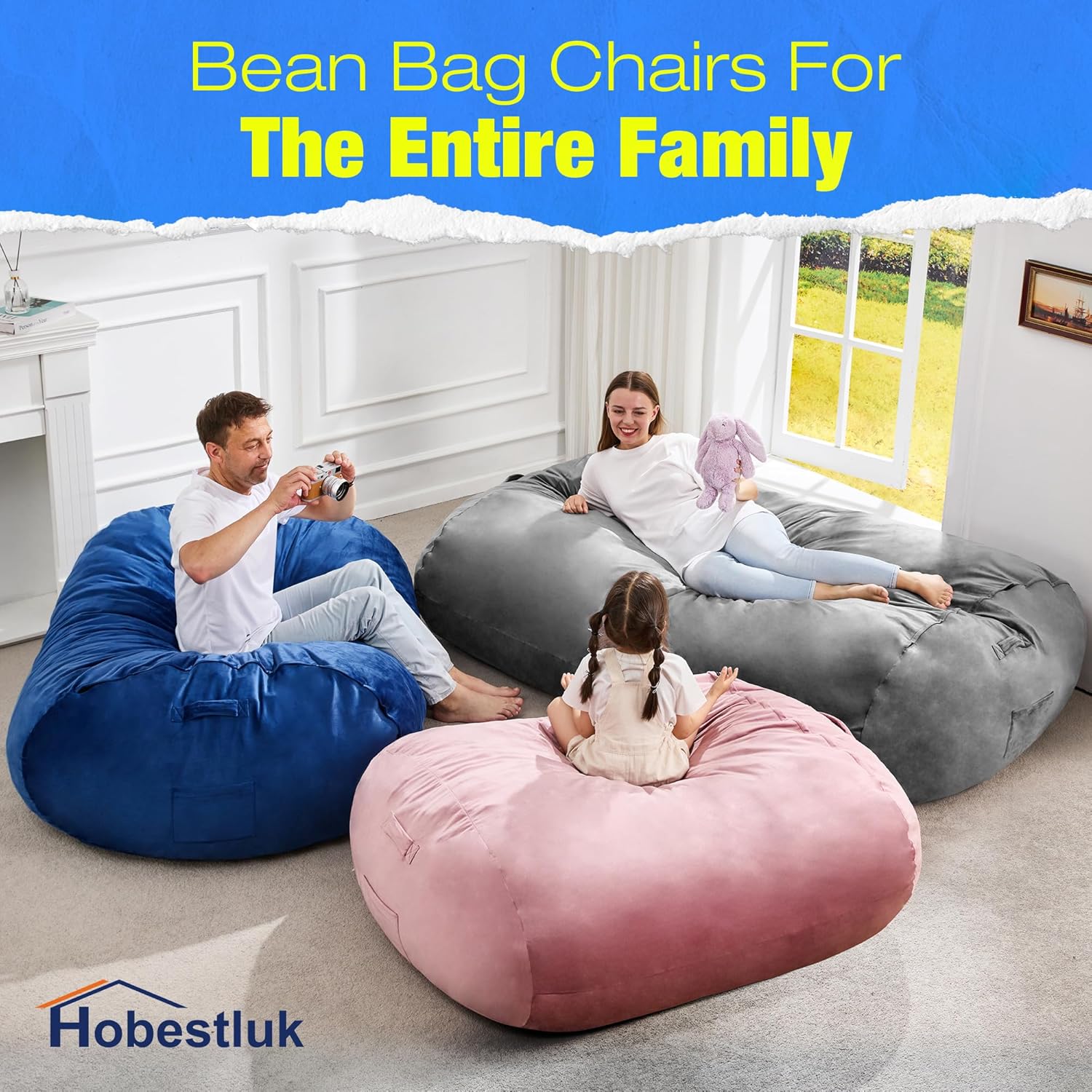 Hobestluk 4FT Bean Bag Chair Large Beanbag with Removable Cover Adult Bean Bag Chair with Portable Handle Desgin for Living Room Bedroom (Grey, 4FT)