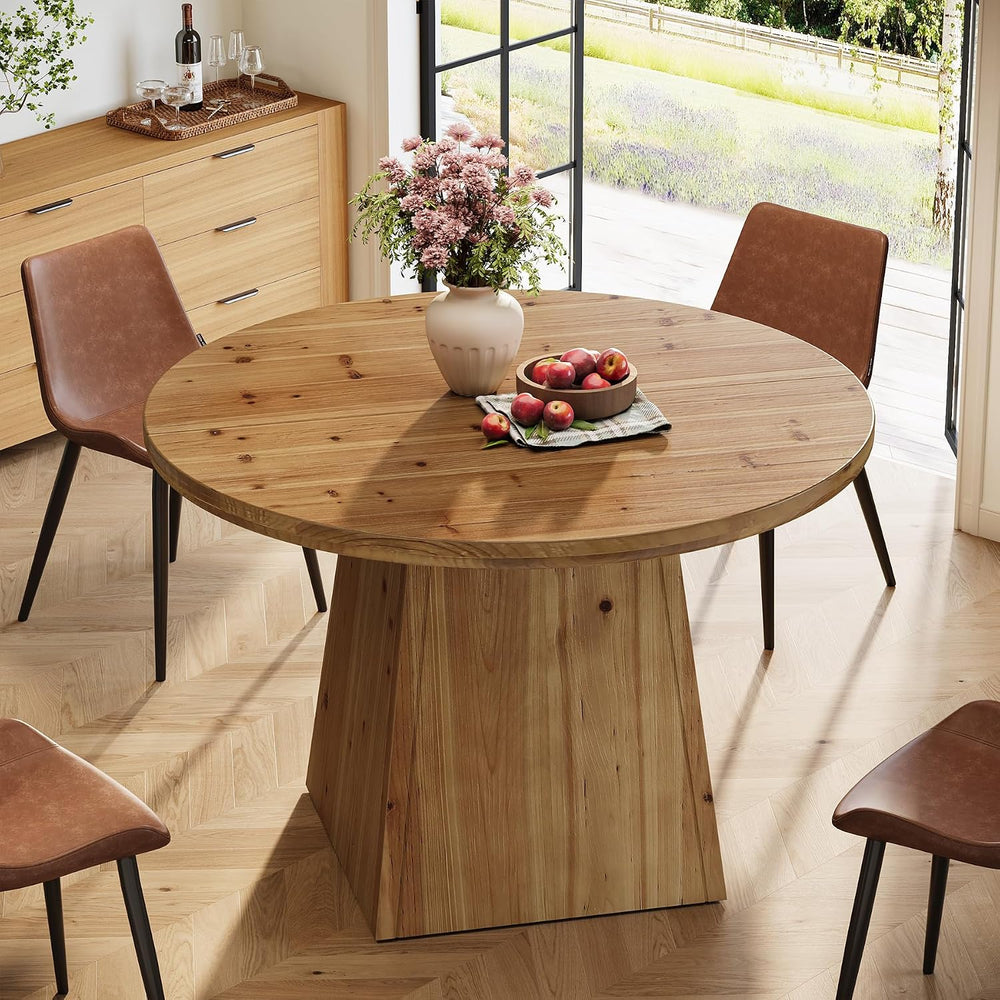 Solid Wood Round Dining Table for 4, Small Circle Kitchen Table with Thickene...