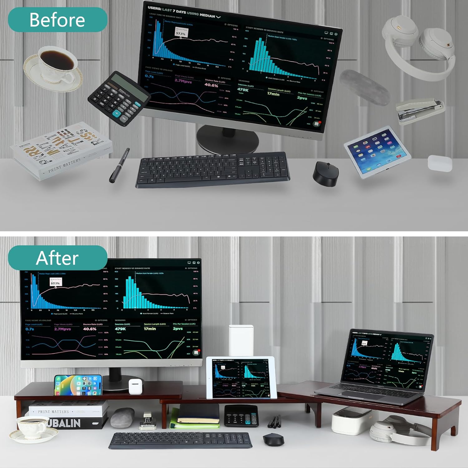 Nnewvante Monitor Stand Riser, Upgrade Height Large TV Riser, 60 inch Large Bamboo Dual Monitor Stand for Desk, 3 Shelves Desktop Screen Riser with Adjustable Length Angle for Computer Laptop Walnut