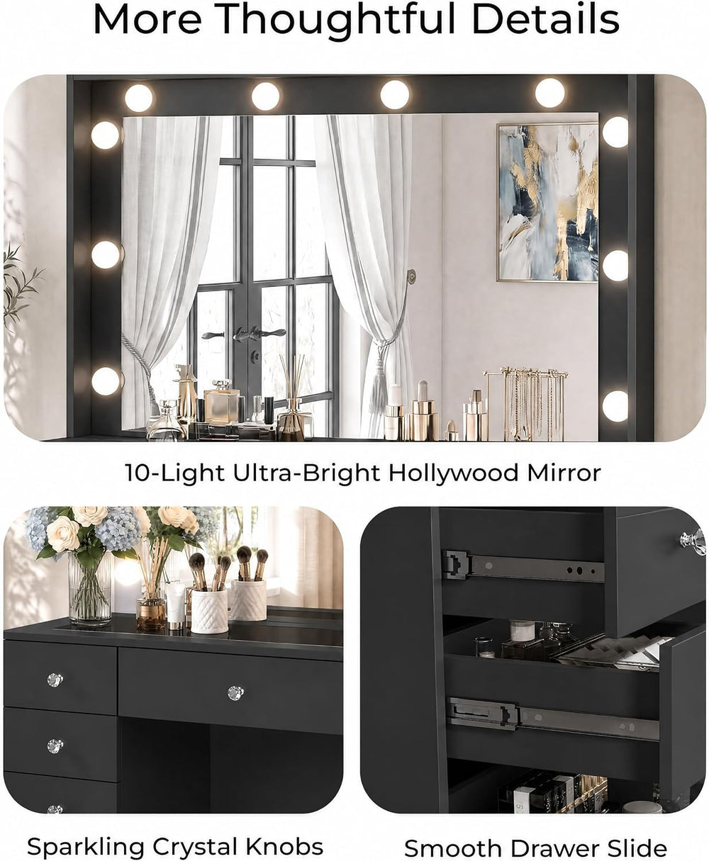Otterease Black Makeup Vanity with Mirror and Lights,11 Drawers & Glass T...