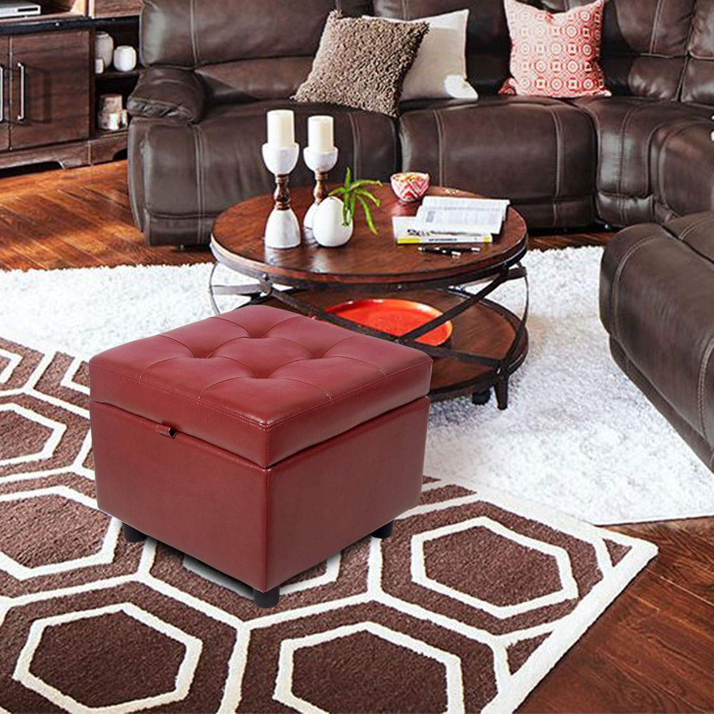 H&B Luxuries Tufted Leather Square Flip Top Storage Ottoman Cube Foot Res...