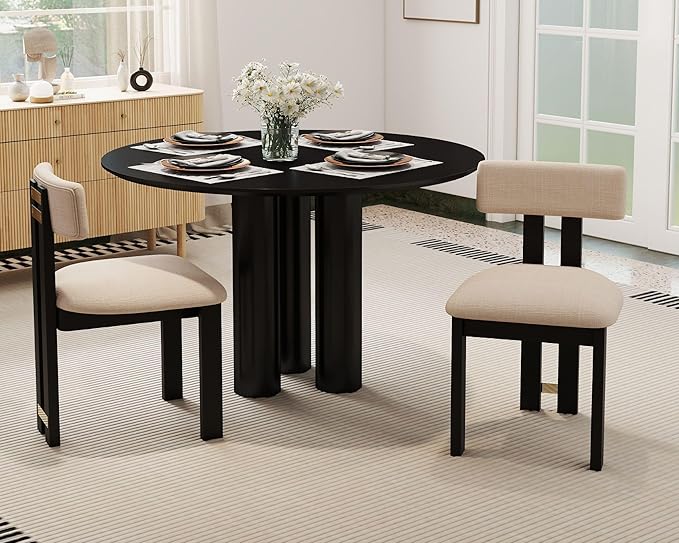 HNY Modern Farmhouse Linen Dining Chairs Set of 2, Beige Fabric Upholstered Dining Room Kitchen Chairs with Black Wood Frame & Curved-Back, Armless Accent Wood Chairs for Dining Living Room