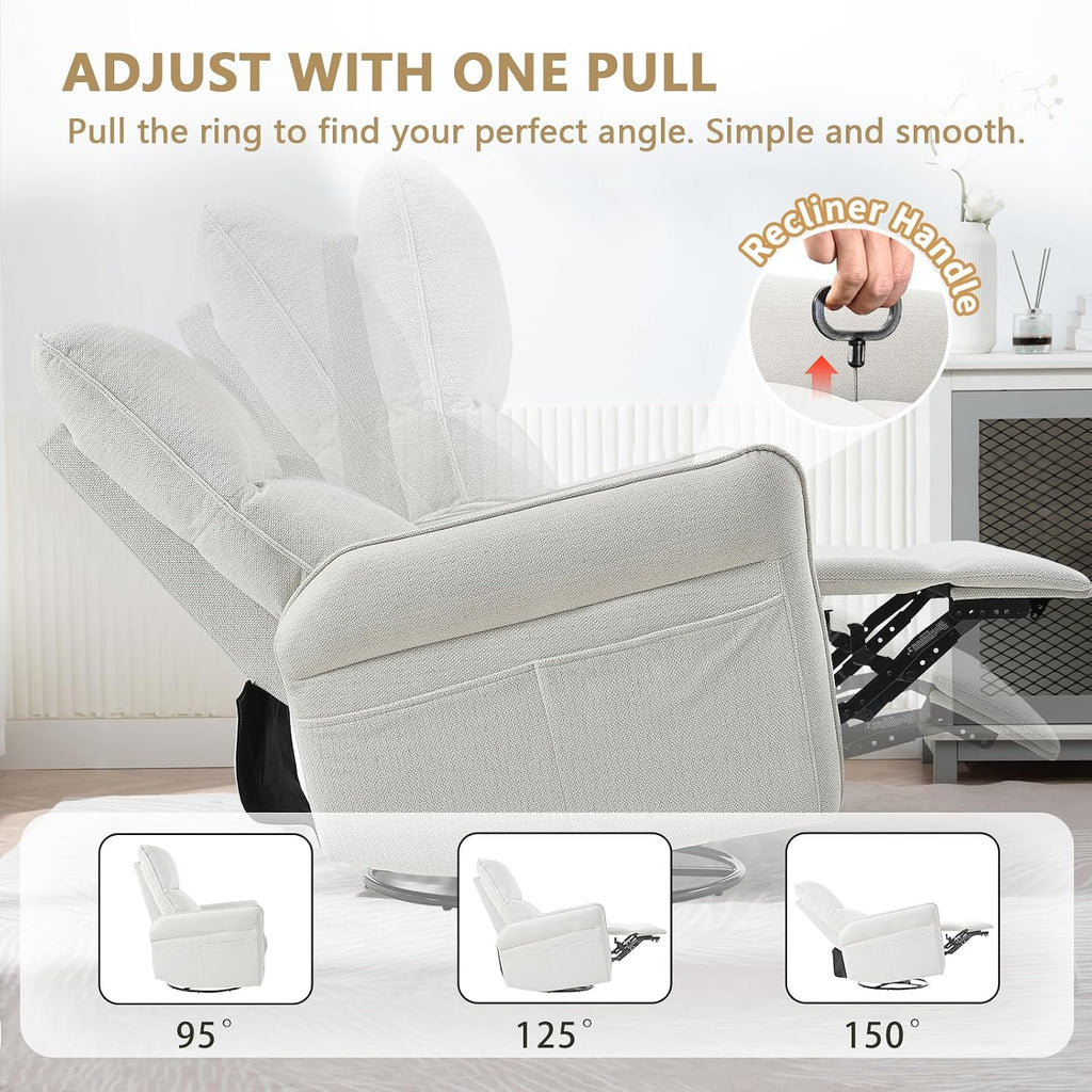 cinkehome Swivel Rocker Recliner, Glider Rocker Recliner Chair for Nursery, Overstuffed Manual Reclining Chair for Small Spaces, Living Room, Beige Snowflake Fleece
