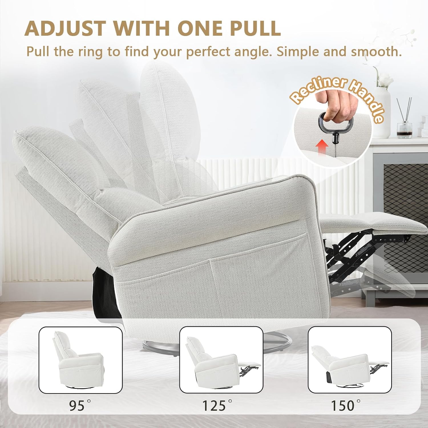cinkehome Swivel Rocker Recliner, Glider Rocker Recliner Chair for Nursery, Overstuffed Manual Reclining Chair for Small Spaces, Living Room, Beige Snowflake Fleece