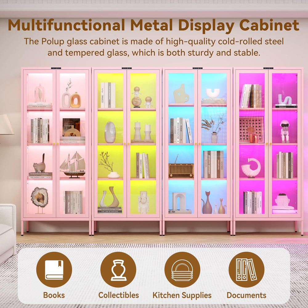 Polup Glass Display Cabinet with Glass Doors, Metal Curio Cabinet with 8-Colo...