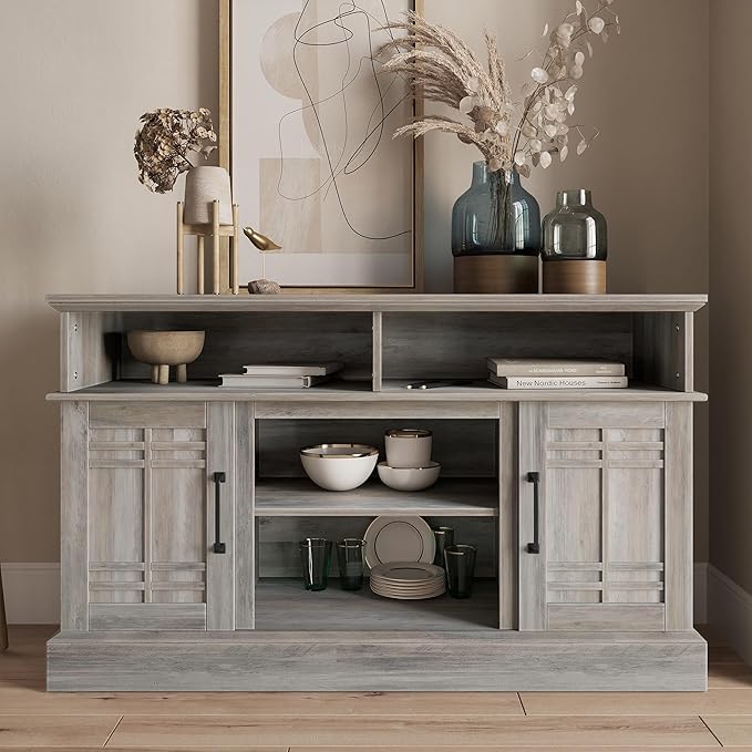 BELLEZE Modern 48" Farmhouse Wood TV Stand & Media Entertainment Center Console Table for TVs up to 50 Inch with Open Storage Shelves & Cabinets - Norrell (Gray Wash)