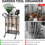 Garden Tool Organizer with Wheels, Yard Tool Tower Rack for Garage Organization and Storage, Up to 35 Long-Handled Tools,Metal Tool Holder with 6 Hooks, Black