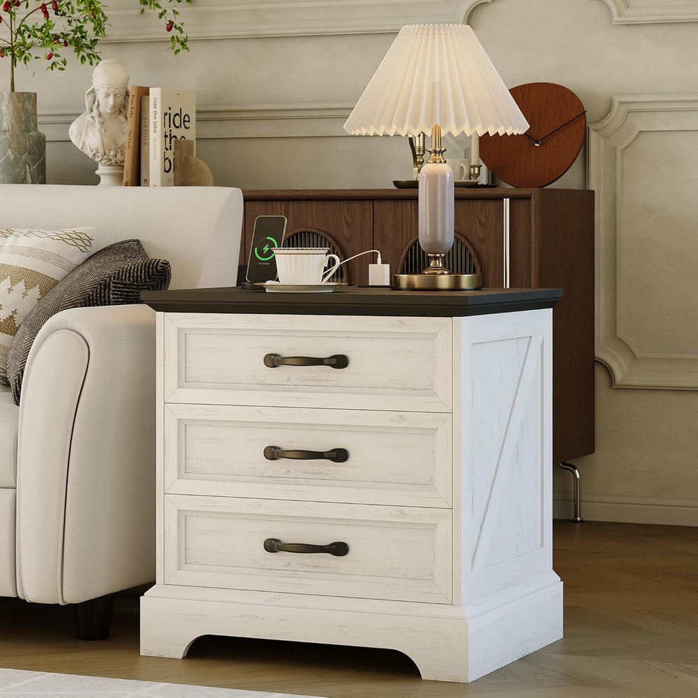 Garvee Modern Farmhouse Nightstand with Charging Station & 3 Large Drawer...