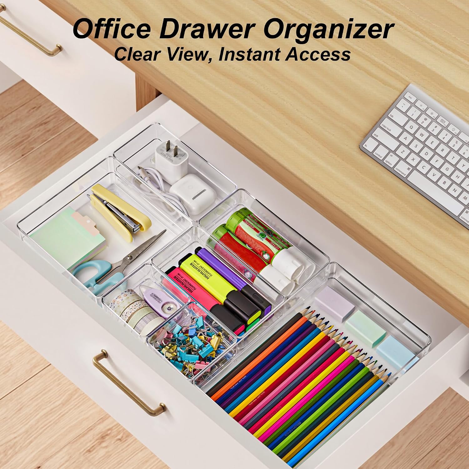 SMARTAKE 7 PCS Drawer Organizer, 4-Size Desk Drawer Organizer Trays | Storage Tray with Non-Slip Silicone Pads for Makeup, Jewelries, Utensils in Bedroom Dresser, Office and Kitchen (Clear)