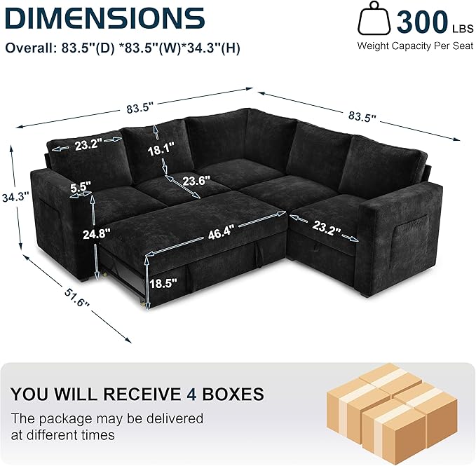 83.5" Sectional Sleeper Sofa with Pull Out Couch, Modern 5 Seat L Shaped Modular Couch, Sectionals Modular Sofa with Storage, Comfy Sectional Couches for Living Room & Apartment, Black