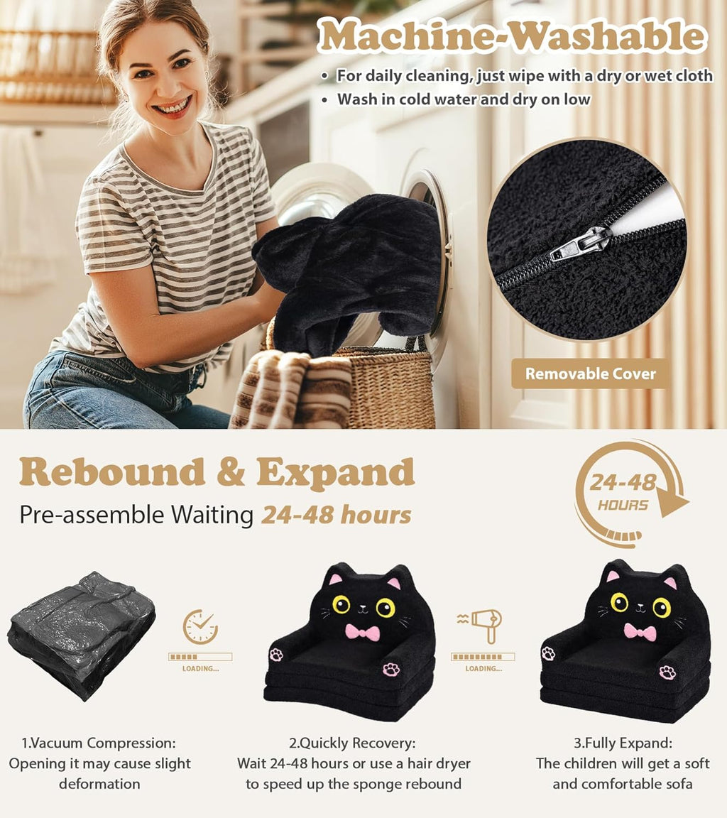 Foryoomi Kids Couch, 2-in-1 Soft Toddler Couch Fold Out with Blanket, Chair Comfy, Foldable Convertible Plush Sofa, Gifts for Kids Girl Boys, Black Cat
