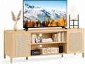 Rattan TV Stand for TVs up to 75'' Boho Entertainment Center with Adjustable Shelf Television Stand with 2 Storage Cabinets Media Console Wooden TV Cabinet for Living Room Bedroom,Natural Oak