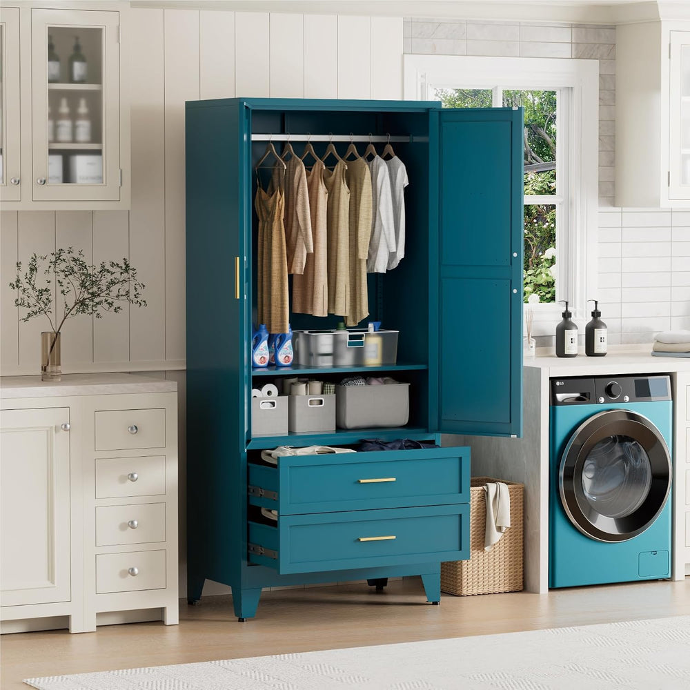 Metal Wardrobe Closet with Doors, 71" Tall Armoire Wardrobe with 2 Drawe...
