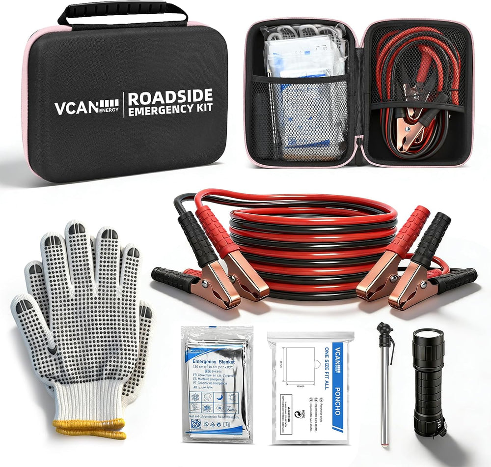 Car Emergency Safety Kit Bag with Jumper Cables, Tire Pressure Gauge, Auto Ve...