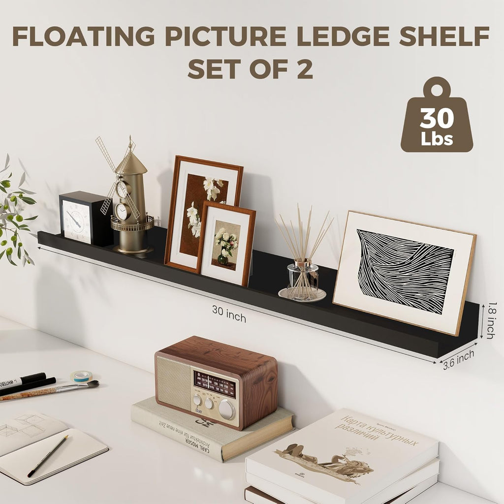 Axeman 30 Inch Floating Shelves Black | Picture Ledge Shelf Set of 2 | Rustic Picture Shelf for Wall with Ledge | Black Wall Shelves with Lip | Photo Ledges Nursery Bookshelf