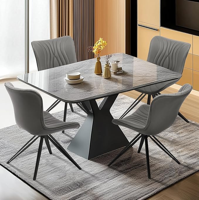 Dining Chairs Set of 4, 360° Swivel Upholstered Mid-Century Modern Kitchen Dining Room Chairs, Armless Faux Leather Accent Side Chair with Padded Back, Metal Legs for Living Room Bedrooms,Grey
