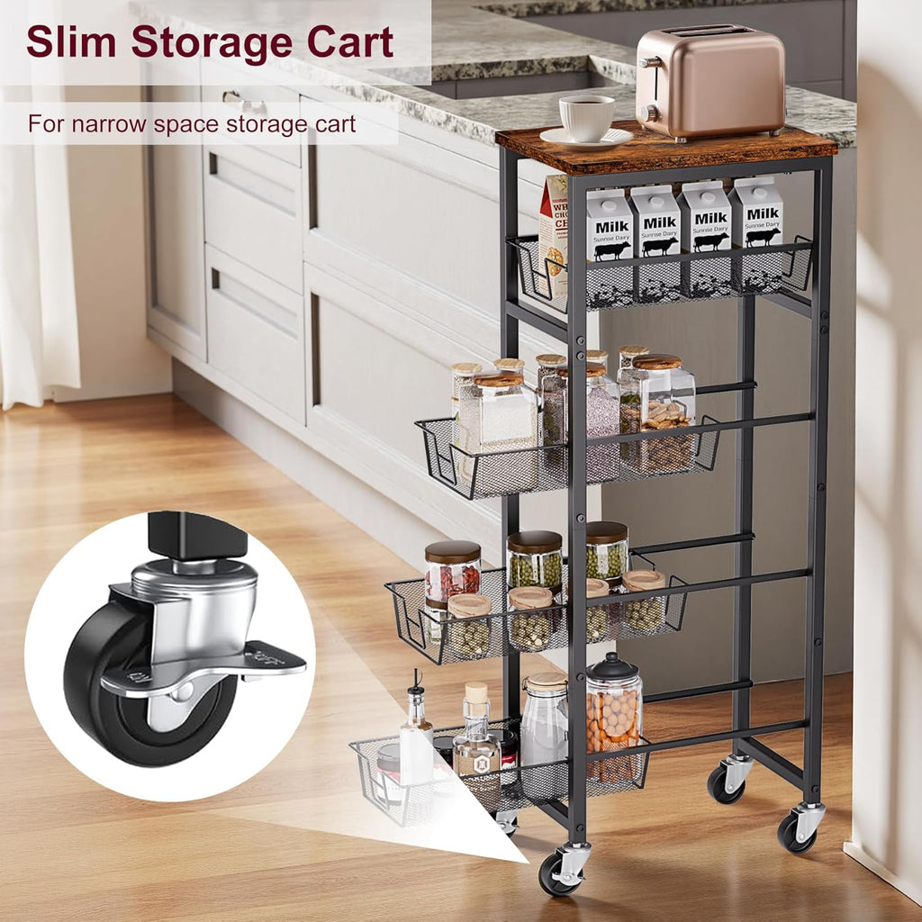 Slim Rolling Cart, 5-Tier Storage Cart, 9.1inch Narrow Kitchen Rolling Cart on Wheels for Small Space, Utility Cart Shelving Unit with Wooden Top and Metal Handle for Kitchen, Bathroom, Laundry Room