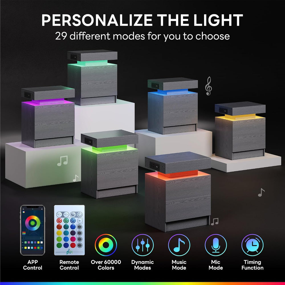 LIKIMIO Nightstand with Charging Station LED Light and 2 Drawers Grey | charg...