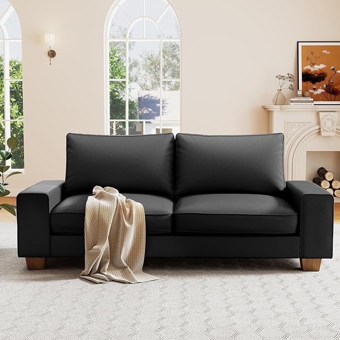 Modern Faux Leather Sofa, Large Couch with Spring Cushions & Solid Wood Frame, Easy-to-Clean Removable Cover, Spacious Living Room Family Furniture, Extra Long Couch (88.58", Black)