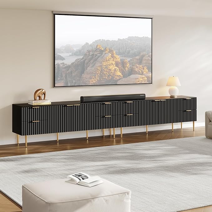 SICOTAS TV Stand for 55/60/65/70 Inch TV - 62 Inch TV Stands for Living Room Entertainment Center with 4 Drawers, Fluted Modern TV Media Console Television Cabinet for Bedroom(Black, 2 Pieces)
