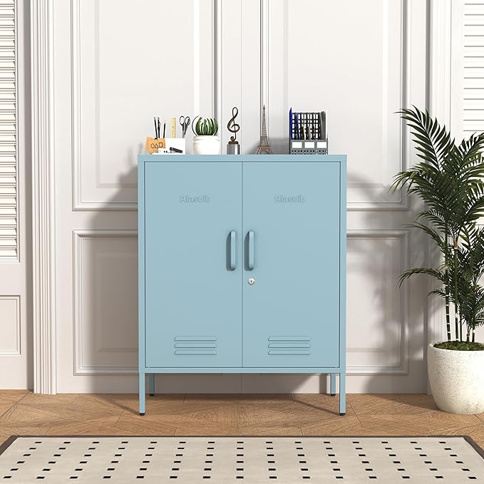 Wide Multipurpose Metal Storage Cabinet with Lockable Design & 2 Adjustable Partitions, Thickened Steel & Sturdy Construction for Home, Living Room & Office Blue 33" H X 29.5" W X 13.8" D