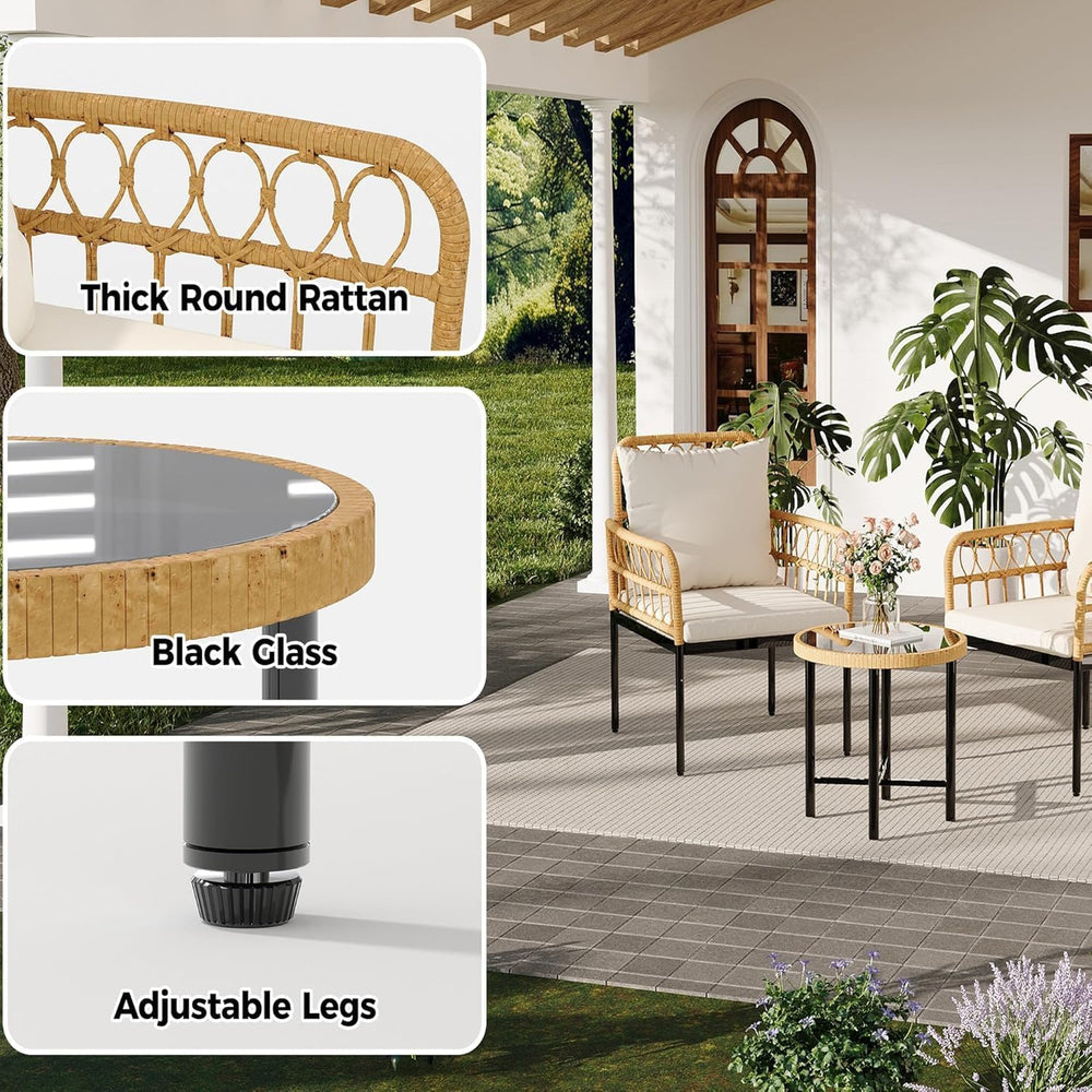 3-Piece All-Weather Wicker Rattan Bistro Patio Furniture Set with Glass Table...
