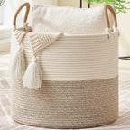 KAKAMAY Large Blanket Basket (18"x18"x16"), Woven Baby Laundry Hamper for Storage, Cotton Rope Basket for Nursery, Laundry, Living Room, Pillows, Baby Toy Chest with Handles (Black Stripes)