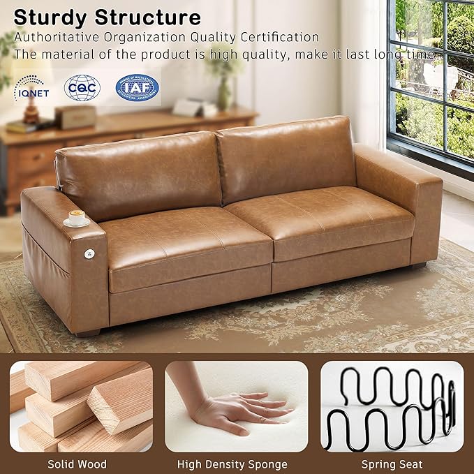 Hanherry Faux Leather 89" Sofa for Living Room, Modern Comfy Sofa with Medium Firm Seat Cushion, Removable Cover,Wide Armrest,USB/Type-C Port,Couches for Small Space,Apartment