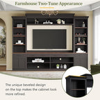Farmhouse 4-Piece Entertainment Center with Bookshelf for TVs Up to 70", TV Stand with Adjustable Shelves, Mid-Century Media Console with Wine Rack for Living Room (Black+Dark Walnut1)