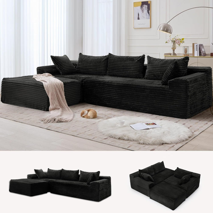 Korser 110" L-Shaped Modular Sectional Sofa with Chaise, Comfy Corduroy Fluffy Couch with Deep Seat and Side Pockets, Flexible Module Combination for Living Room, No Assembly, Side Pockets