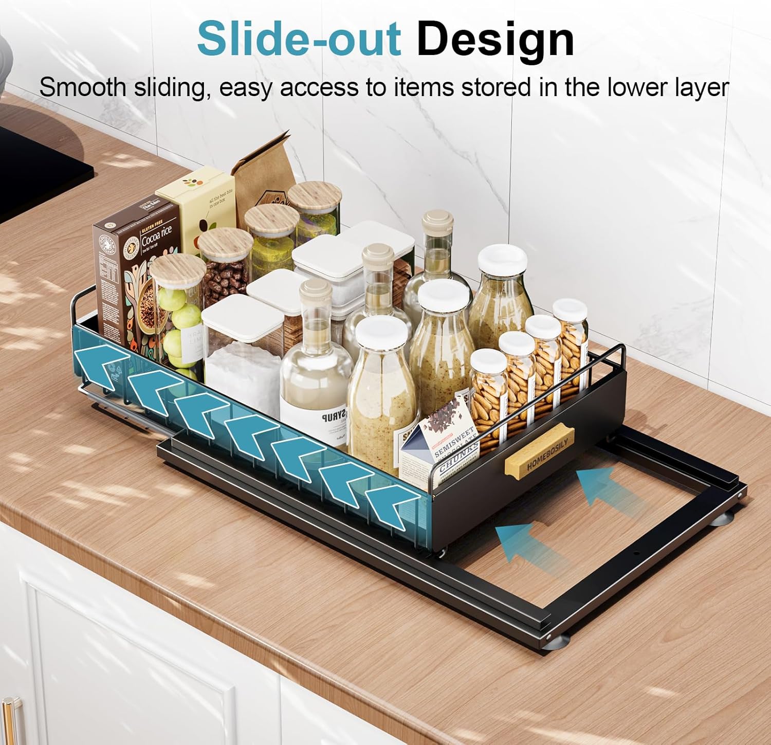 Under Sink Organizer, Kitchen Under Sink Organizers and Storage, Mute Pull Out Cabinet Organizer Shelf, Metal Sliding Drawer for Kitchen Bathroom Pantry Cabinet Closet Organization Rack, Black