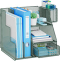 Marbrasse Desk Organizer and Accessories, 3-Tier File Organizer with Drawer and Pen Holder, Small Desktop Organizer and Storage for Workspace Office Supplies Green