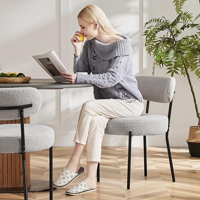 Sweetcrispy Dining Chairs Set of 4, Boucle Upholstered Modern Mid Century Round Kitchen Chairs with Curved Backrest & Metal Legs for Vanity, Living Room - Grey