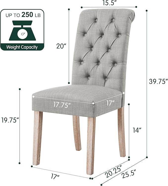 CHUN YI Dining Chairs Set of 2, Button Tufted Upholstered Fabric Dining Room Chairs with Solid Wood Legs and Curved Back, Parsons Side Chairs for Kitchen, Light Grey