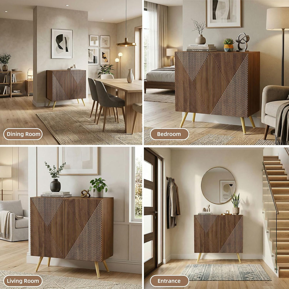 DHZ Fluted Sideboard Buffet Cabinet, 30” Wood Storage Credenza with Adjustabl...