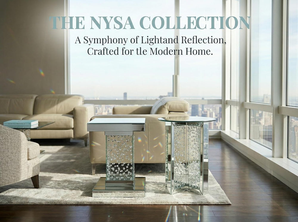 Nysa Modern 21" Round Mirrored End Table with Faux Crystal Inlay, Glam X...