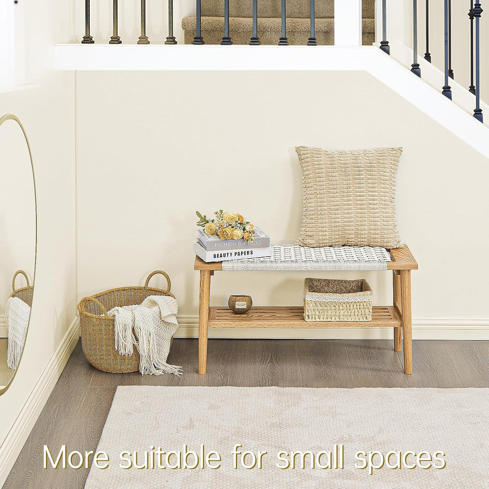 Solid Wood Narrow Bench with Storage, 33.46" Woven Bench for Entryway an...