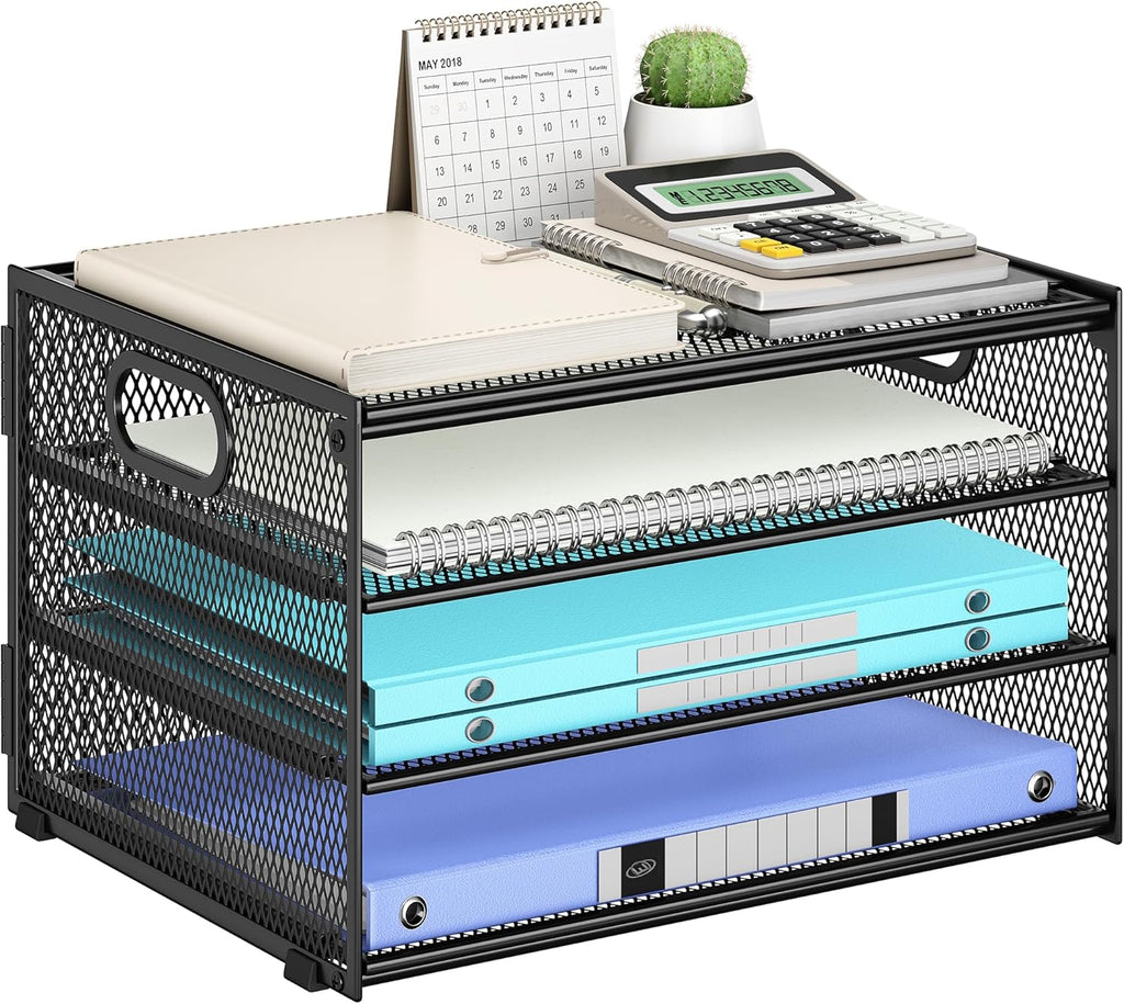 Subekyu Paper Letter Tray Organizer for Desk, Black Metal Mesh Desk File Sorter Organizer with Handle and 2 Sliding Trays for Home Office School Supplies Organization