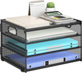 Subekyu Paper Letter Tray Organizer for Desk, Black Metal Mesh Desk File Sorter Organizer with Handle and 2 Sliding Trays for Home Office School Supplies Organization