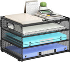 Subekyu Paper Letter Tray Organizer for Desk, Black Metal Mesh Desk File Sorter Organizer with Handle and 2 Sliding Trays for Home Office School Supplies Organization