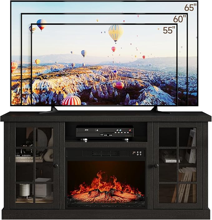 ONBRILL 59 Inch Fireplace TV Stand, Entertainment Center with 23 Inch Electric Fireplace, TV Table for TVs up to 65 Inches, Media Console Cabinet with Storage and Glass Doors for Living Room, Black