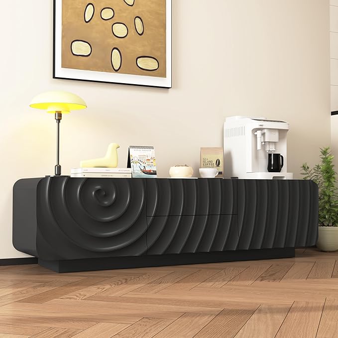 58'' Modern Spiral Wave TV Stand for 65 Inch TV, Media Console with Storage Cabinet & 2 Drawers, Rounded Corner Entertainment Center for Living Room Bedroom (Black)