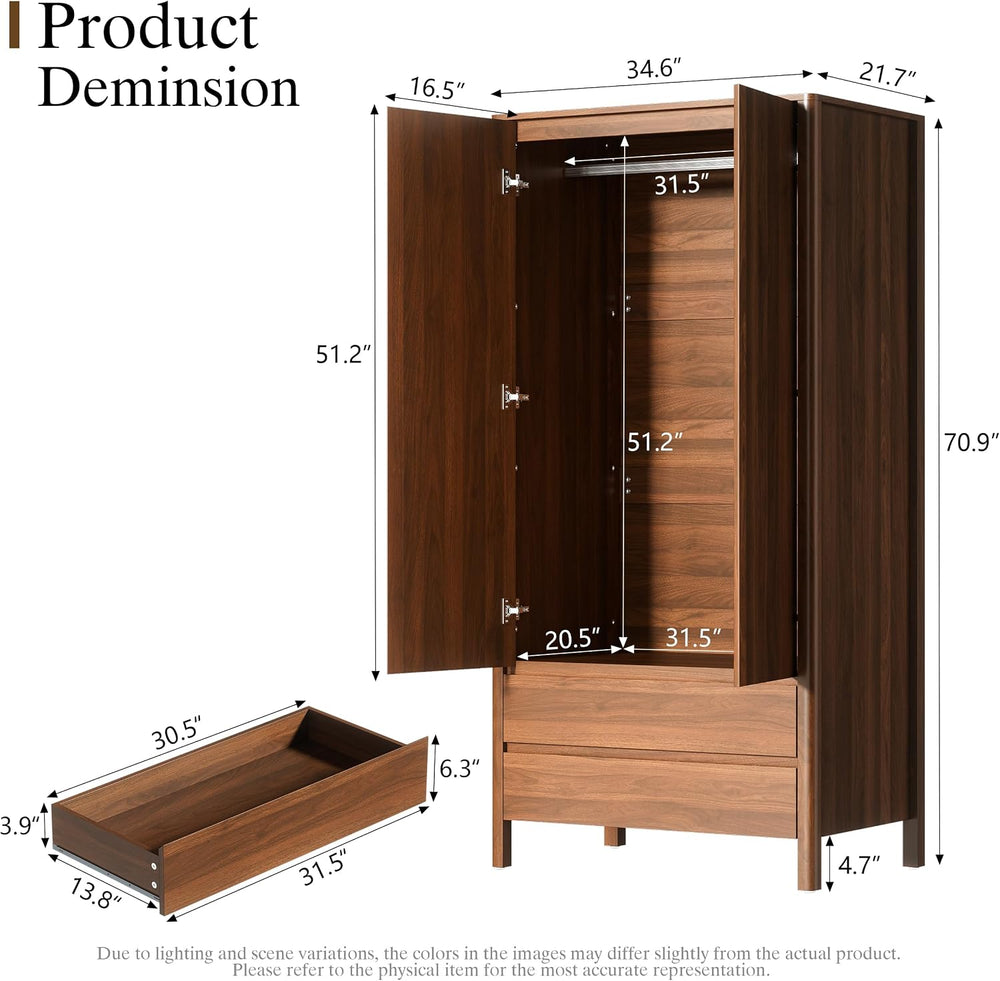 Furniway Armoire Wardrobe Closet, 70.9" Tall Wardrobe Cabinet with 2 Doo...